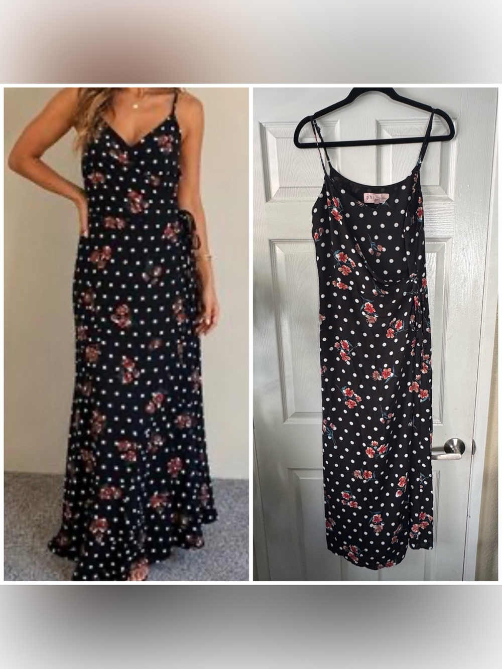 Philosophy Black Spaghetti-Strap Floral & Polka Dot Faux Wrap Maxi Dress, Size 8